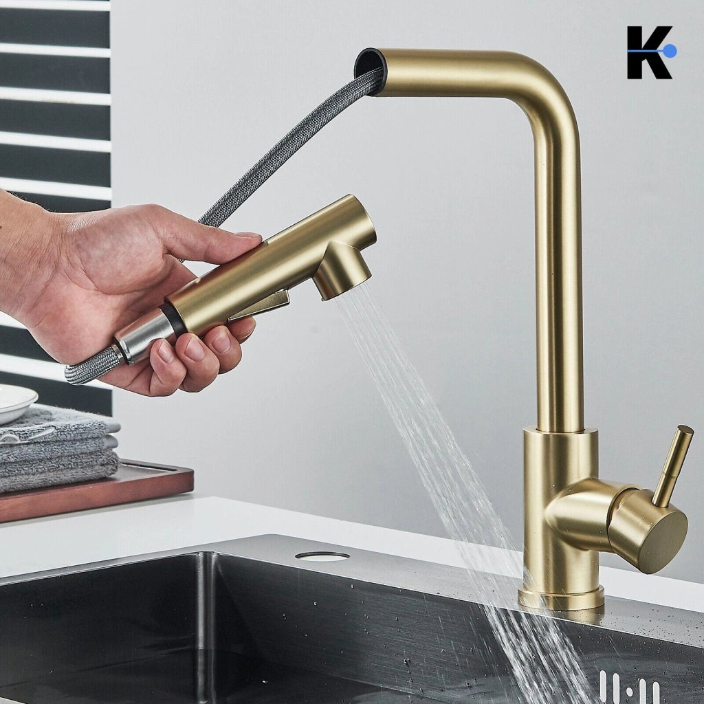 FELIX | rubinetto estraibile di alta qualità in acciaio inox oro opaco | miscelatore bocca dritta | rubinetto catering alta pressione 360° 2 attacchi