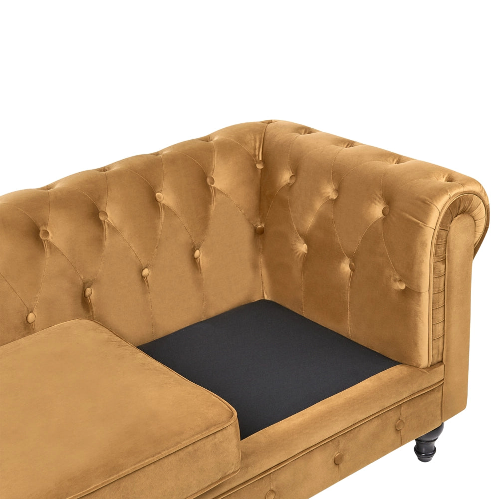 Divano Chesterfield Tessuto Velluto Dorato Rivestimento Gambe Nere 3 Posti