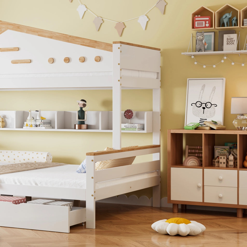 Letto a Castello Letto per Bambini 90x200 cm e 140x200 cm; 2 Cassetti; Mensole e Scala inclinata