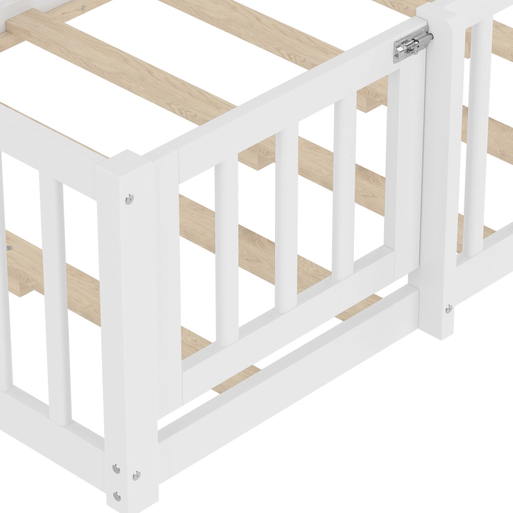 Letto per bambini 90x190 cm; casetta con sponda di sicurezza; legno e MDF; bianco (Senza materasso)