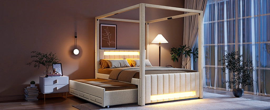 DESMIU Lit combinato 140 × 200 cm 2 posti con letto estraibile, 3 cassetti, LED, senza materasso, beige