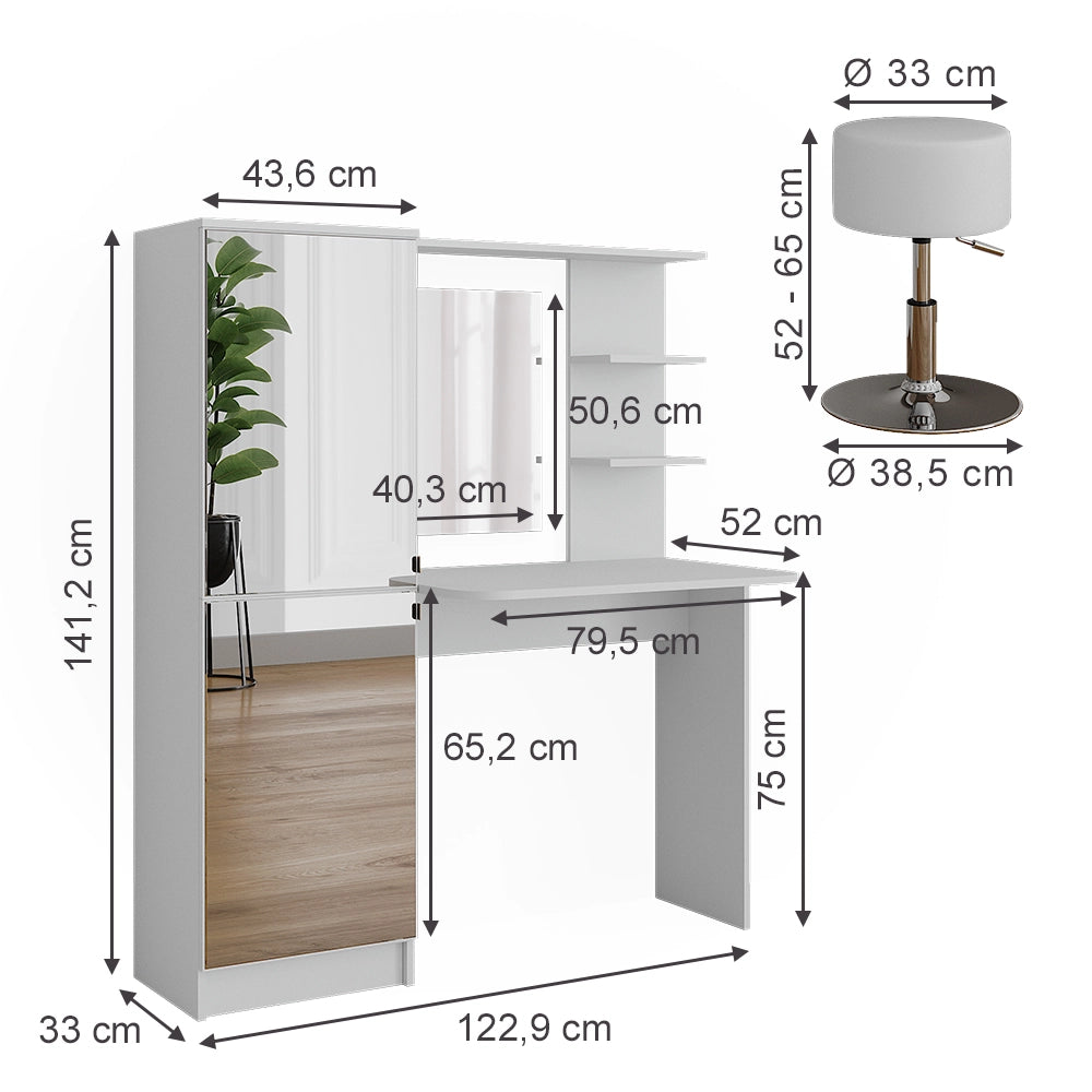 Vicco Tavolo da toeletta Bianco 123 x 141.2 cm con sgabello