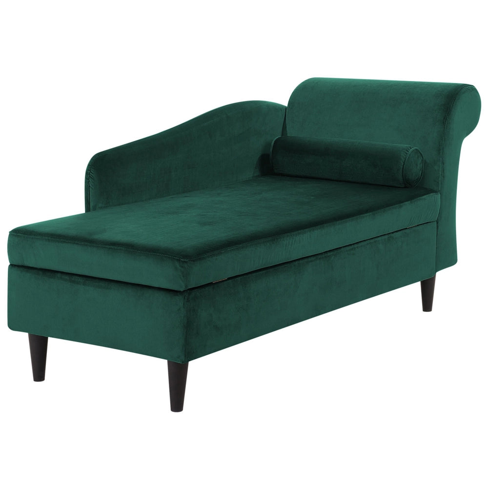 Chaise longue rivestimento in velluto verde con contenitore a versione destra con cuscino