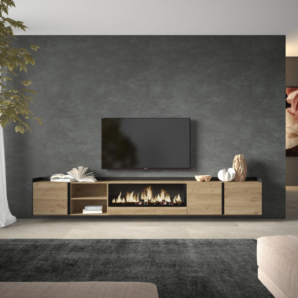 Mobile TV Soggiorno, 315x50x35 cm, Per TV fino a 80", Camino elettrico XXL, Sospeso, da appendere, Rovere e nero