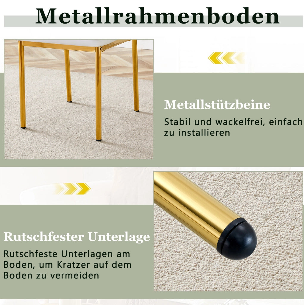 Set 4 sedie da pranzo moderne in PU bianco con gambe in metallo oro; H 93 cm