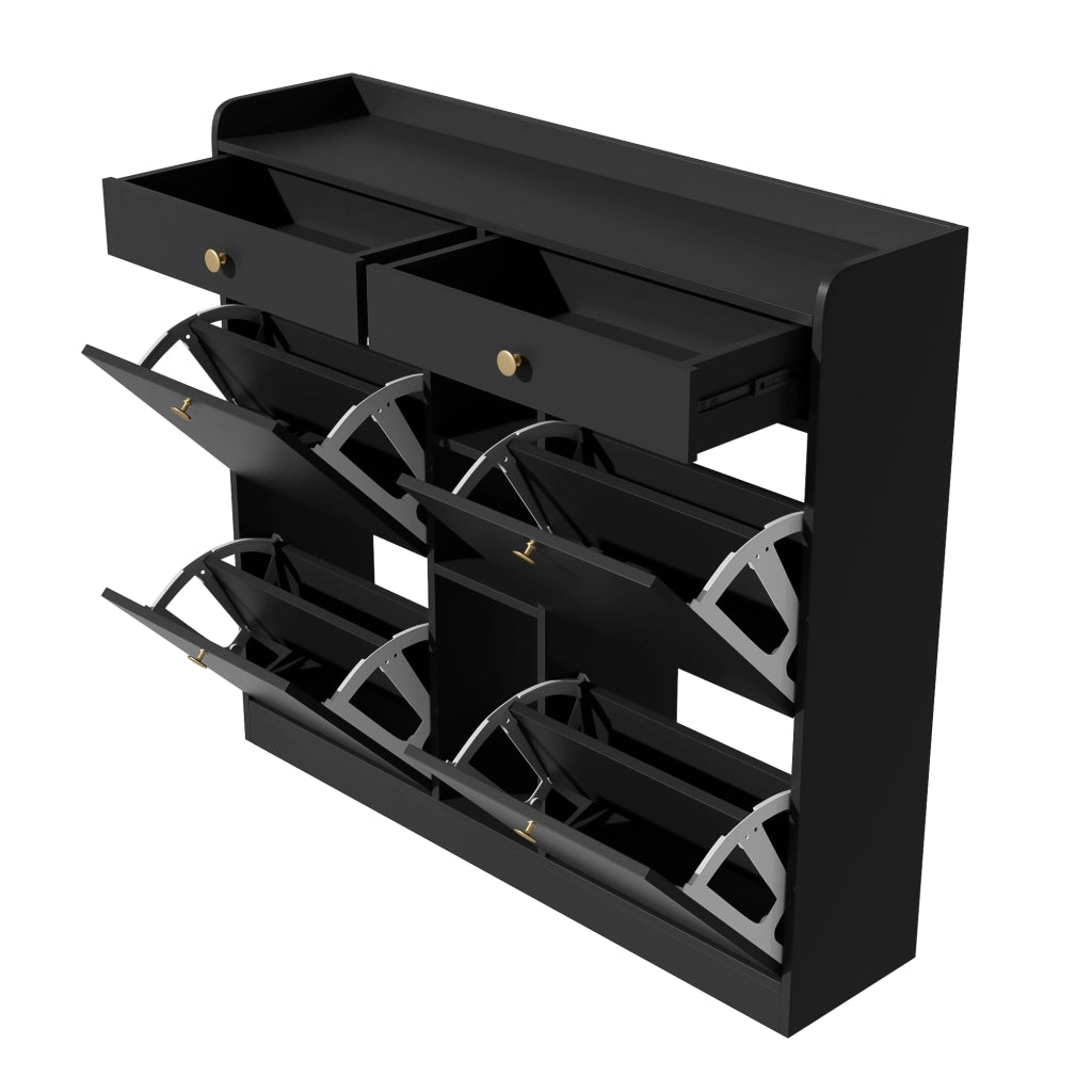 Scarpiera con 4 ante a ribalta, 2 cassetti e 3 vani aperti in pannello truciolare nero 110 × 26 × 100 cm