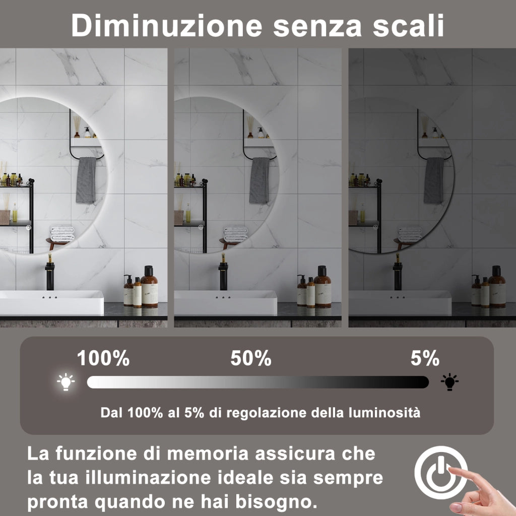 AICA Specchio da bagno 60 x 60 cm, antiappannamento, dimmerabile, interruttore touch, Funzione Memoria
