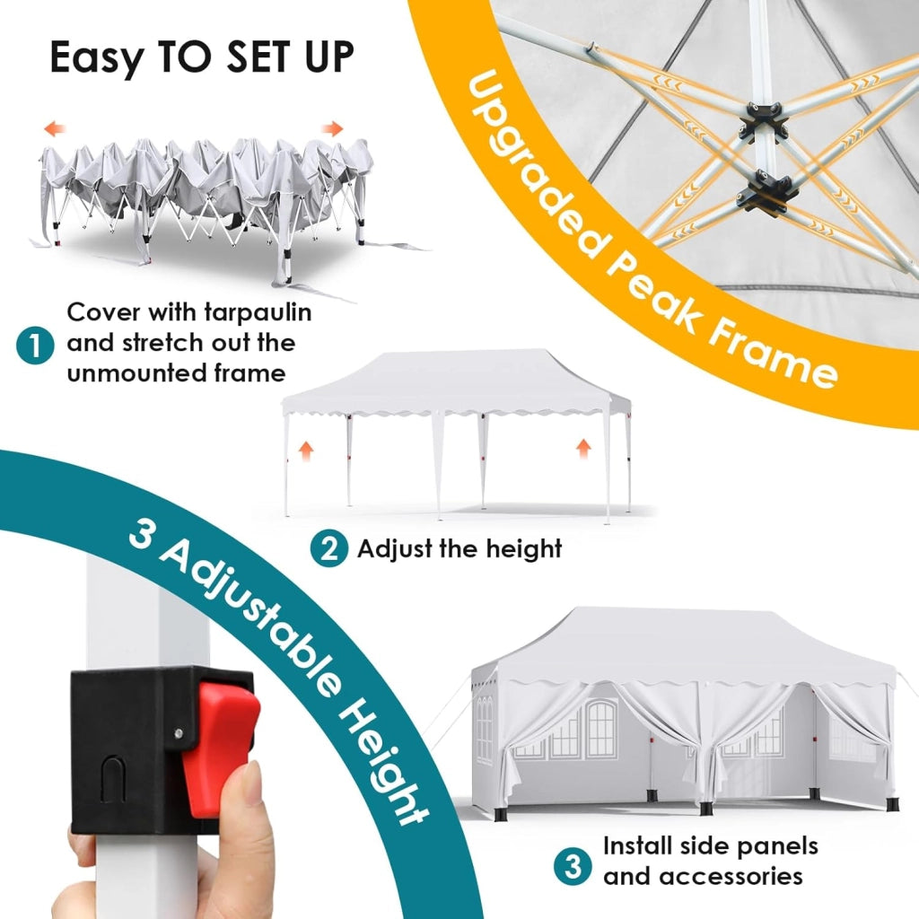 Gazebo 3x6 Pieghevole Impermeabile con 6 Pareti Laterali, Gazebo Esterno Antivento,Tenda UV 50+,12 Chiodi Rettificati e 6 PCS sacchi di sabbia, Gazebo da Giardino Festa/Campeggio/Matrimoni,Bianco