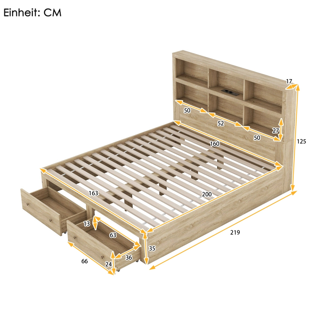 Letto con Cassetti Letto Matrimoniale; USB; 6 Ripiani e 2 Cassetti; 160×200 cm; senza Materasso; Truciolato; Naturale
