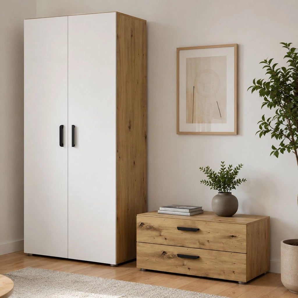Armadio Camera da Letto Buriasco, Guardaroba 2 Ante un Ripiano, 74x214h cm Marrone Rovere Nodi