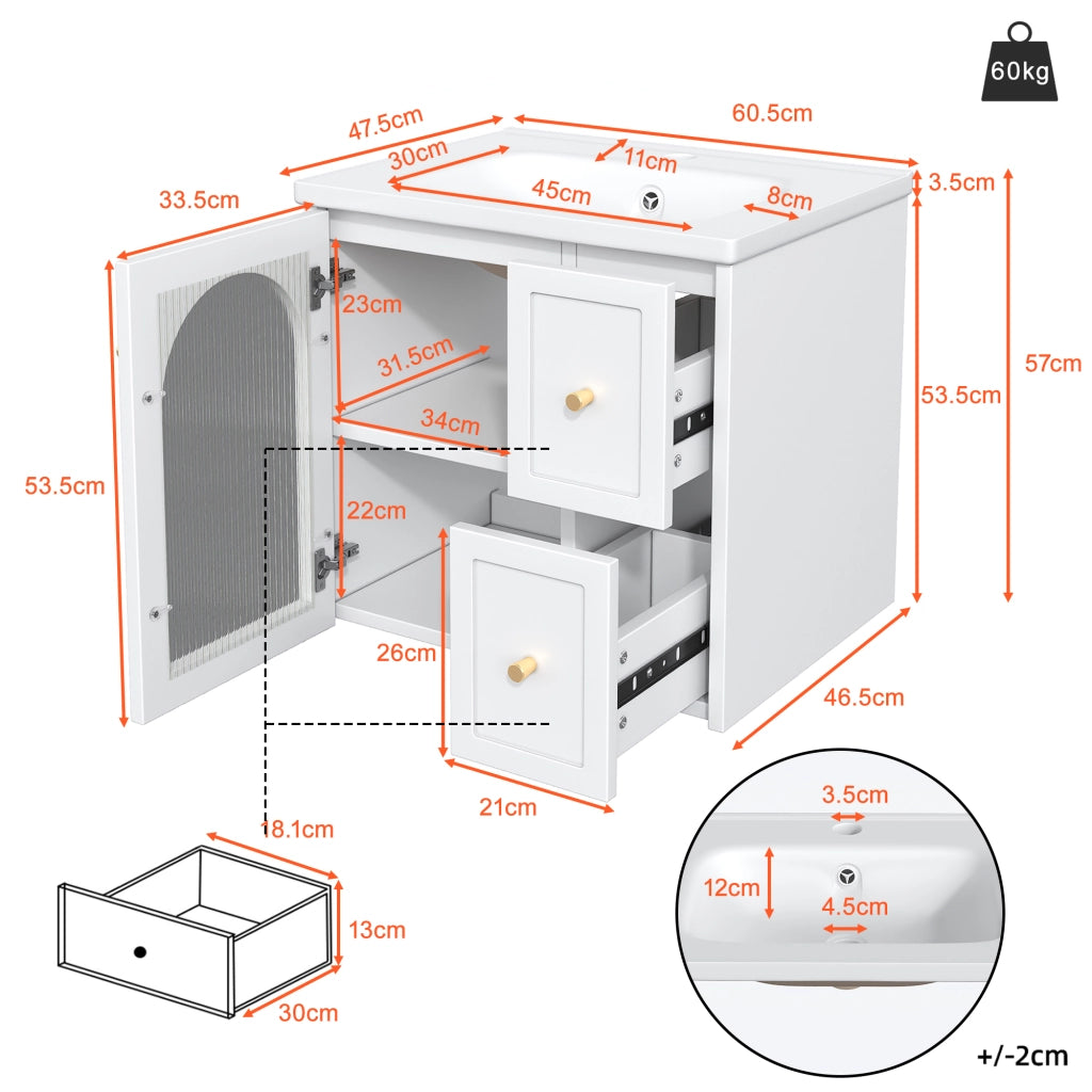 Mobile Bagno Sospeso con Lavabo in Ceramica, LED e Anta in Vetro ¨C MINIMAL ¨C Nero/Bianco