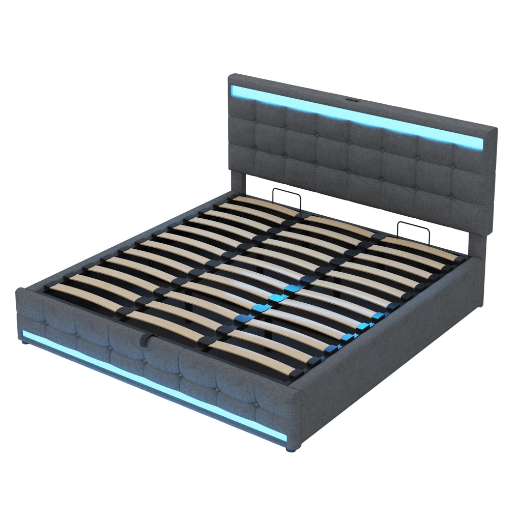 Letto Matrimoniale 180x200 cm con USB e LED RGB Regolabile in Tessuto Grigio