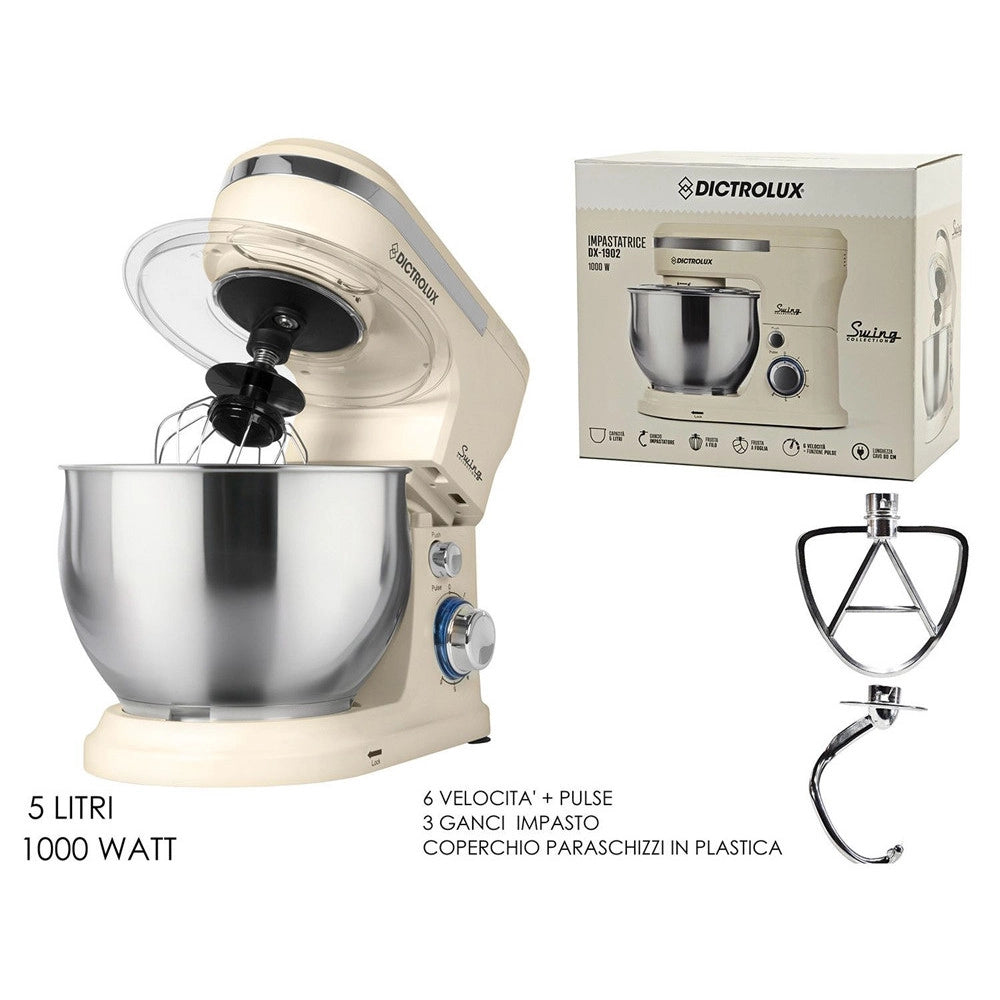Trade Shop - Impastatrice Planetaria Da Cucina 1000w 5lt Con Coperchio Paraschizzi 3 Ganci 6 Velocità -