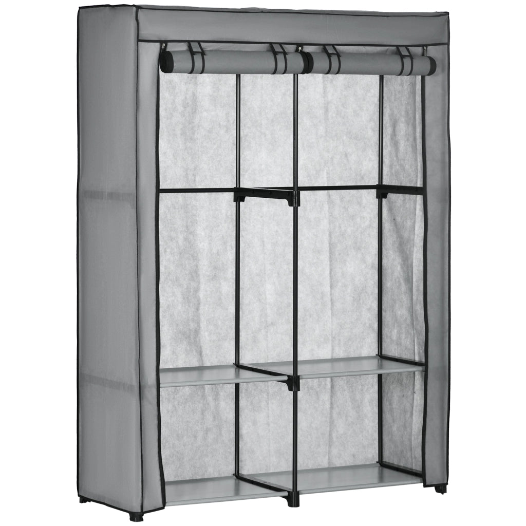 Armadio Guardaroba da Campeggio 118x49x170 cm 4 Ripiani Aperti e 2 Appendini in Tessuto non Tessuto Grigio