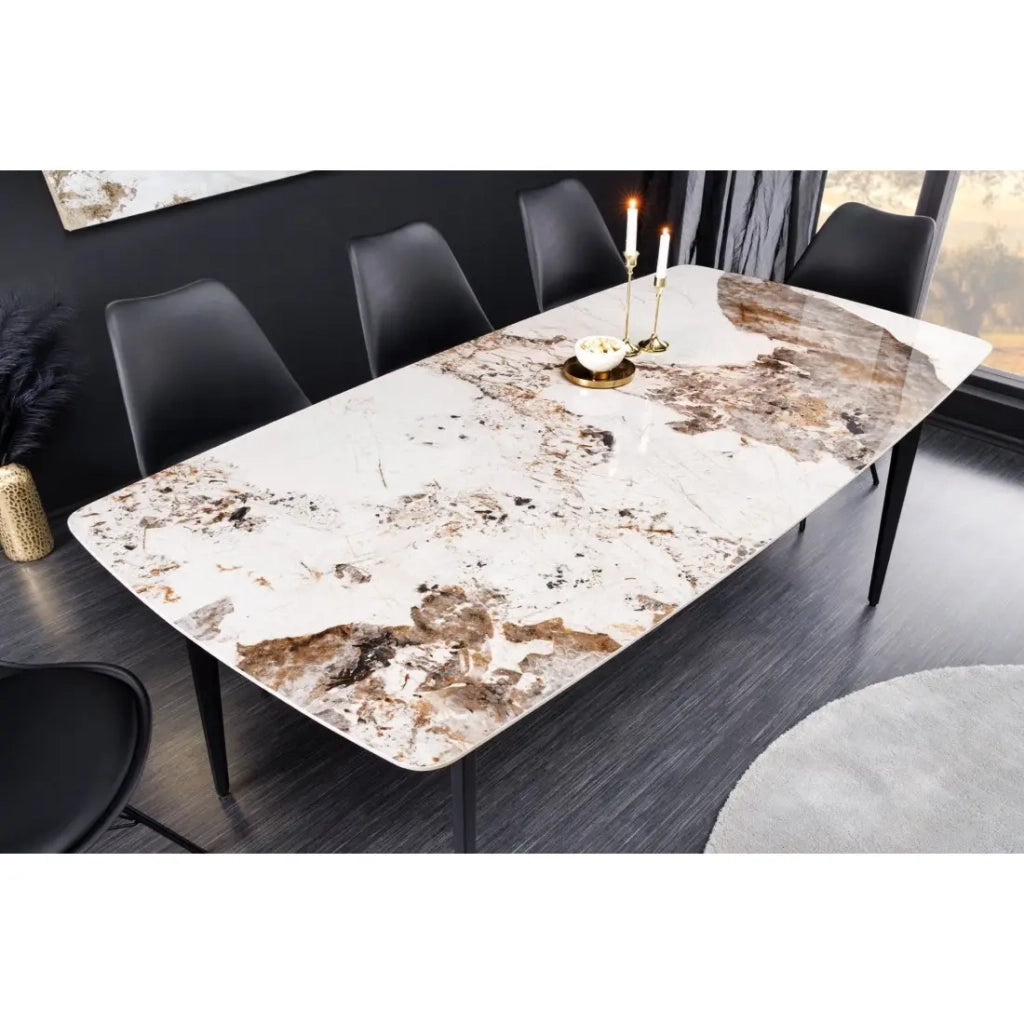 Tavolo da pranzo HEXA – Ceramica effetto pietra e metallo nero – 180 cm – Stile contemporaneo