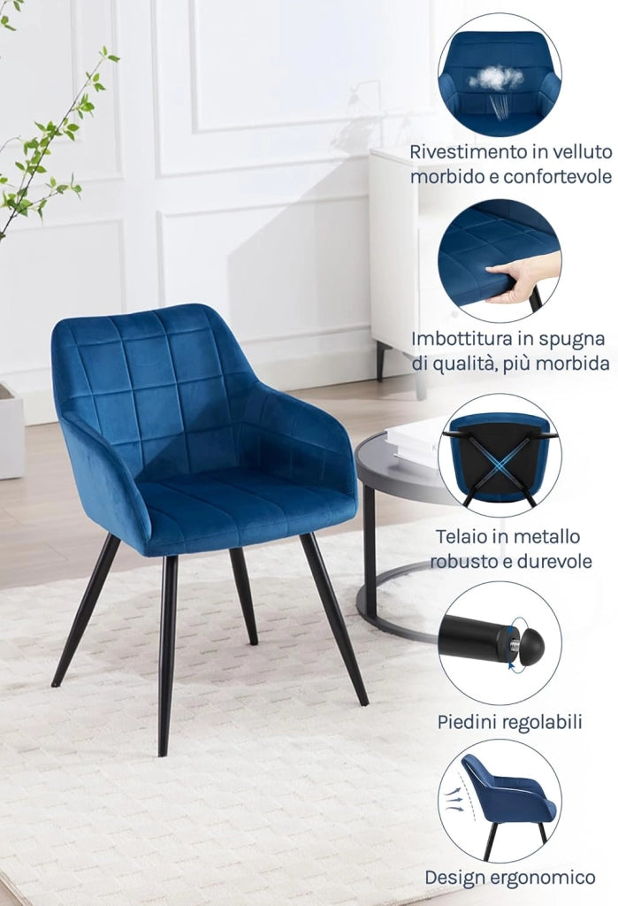 Set di 2 Sedie per Sala da Pranzo Imbottita, Poltroncina in Velluto,Sedia da Cucina con Braccioli e Schienale, Gambe in Metallo, moderne,Blu, BH93bl-2
