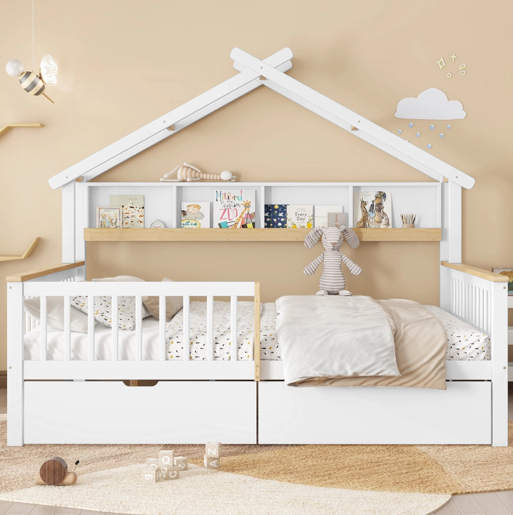 Letto per bambini 140x200 cm con sponde; cassetti e tetto in legno e MDF; bianco e naturale