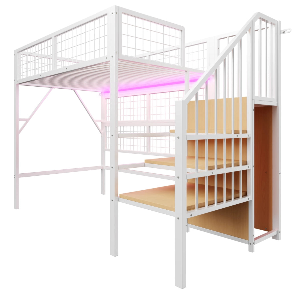 Letto a soppalco 90x200 cm con LED e scala con spazio contenitore in metallo bianco