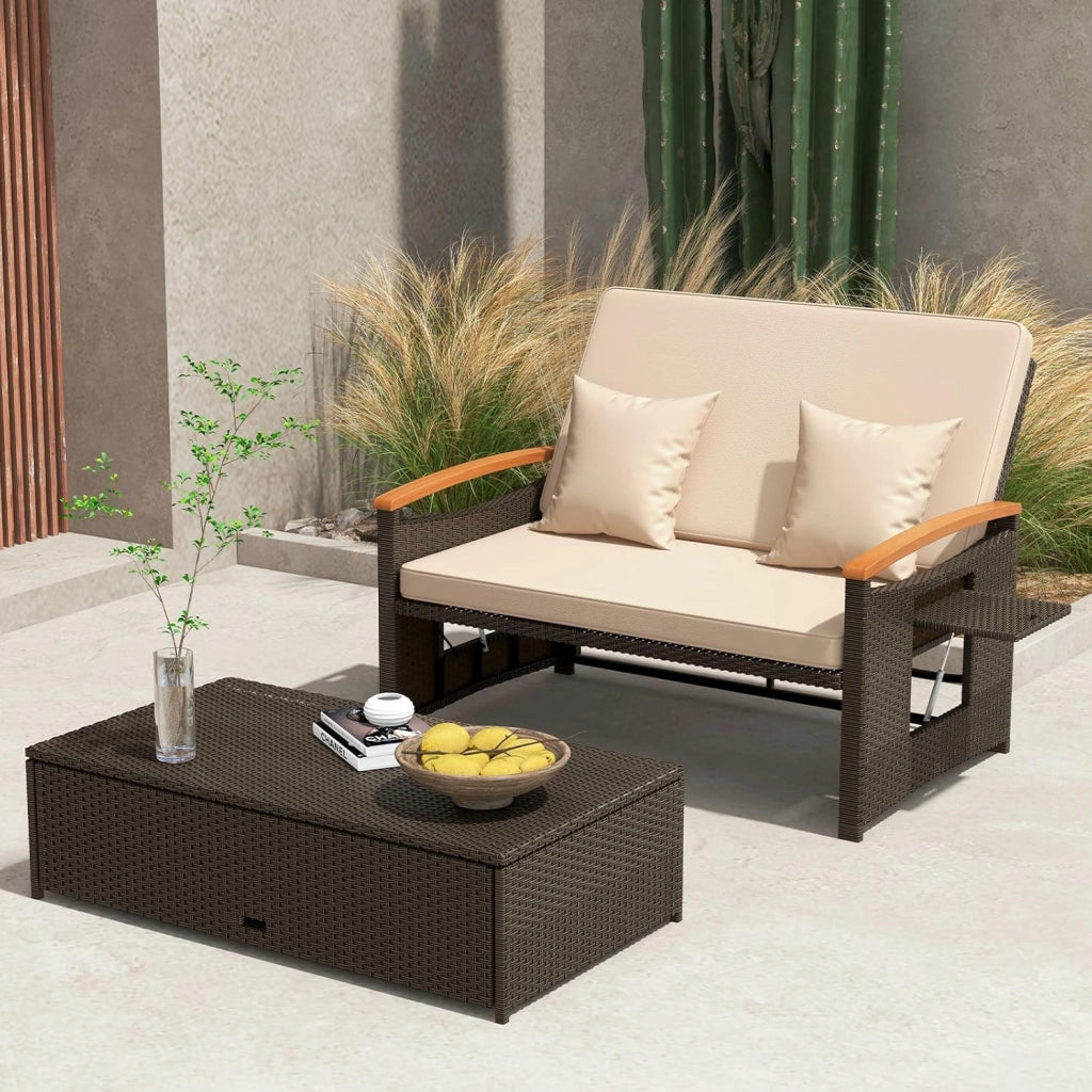 Set Divano da Giardino in Rattan, con Cuscino e Panca Contenitore, Divano Letto con Schienale Regolabile a 4 Livelli e Vassoi Laterali Estraibili, per Giardino Piscina Cortile
