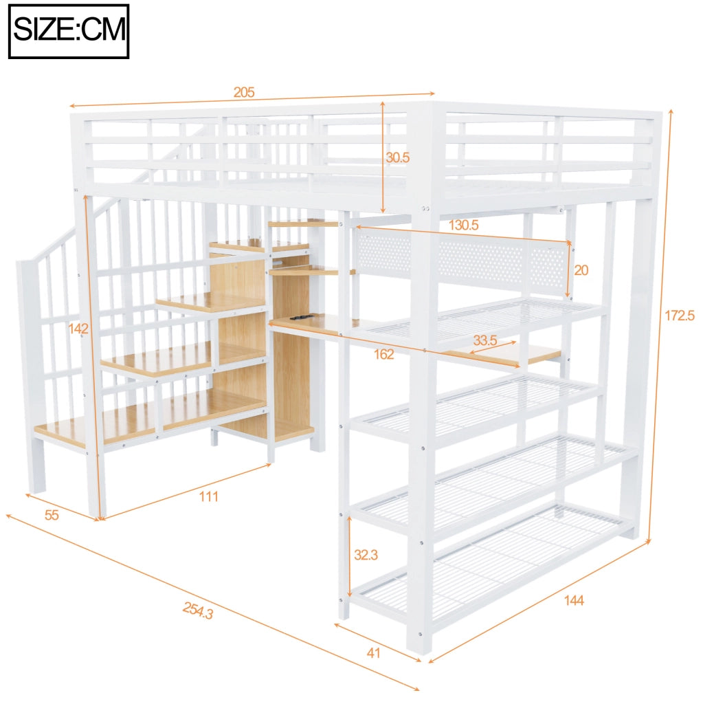 Letto a soppalco multifunzione 140x200 cm con scrivania, LED e prese, bianco