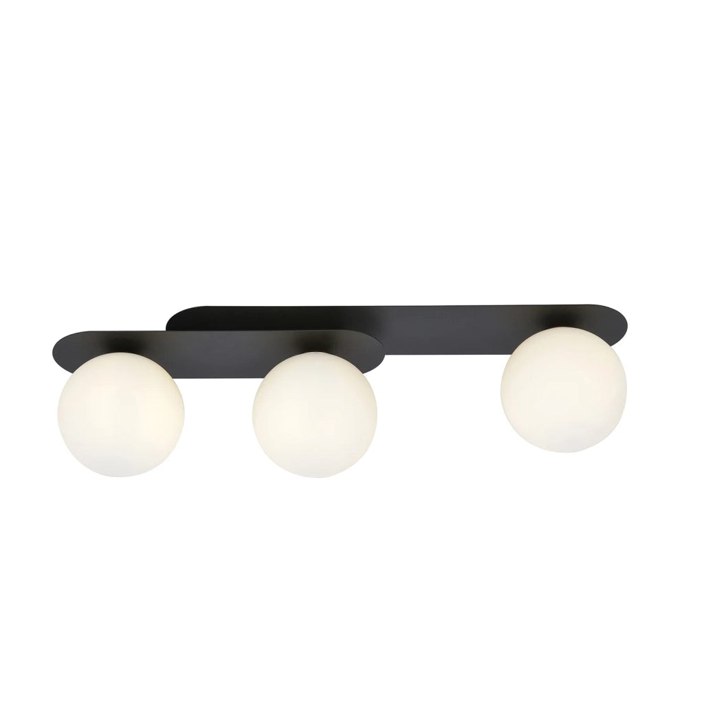 Plafoniera Minimal 3 Luci Teia In Acciaio Nero E Sfere Vetro Opale