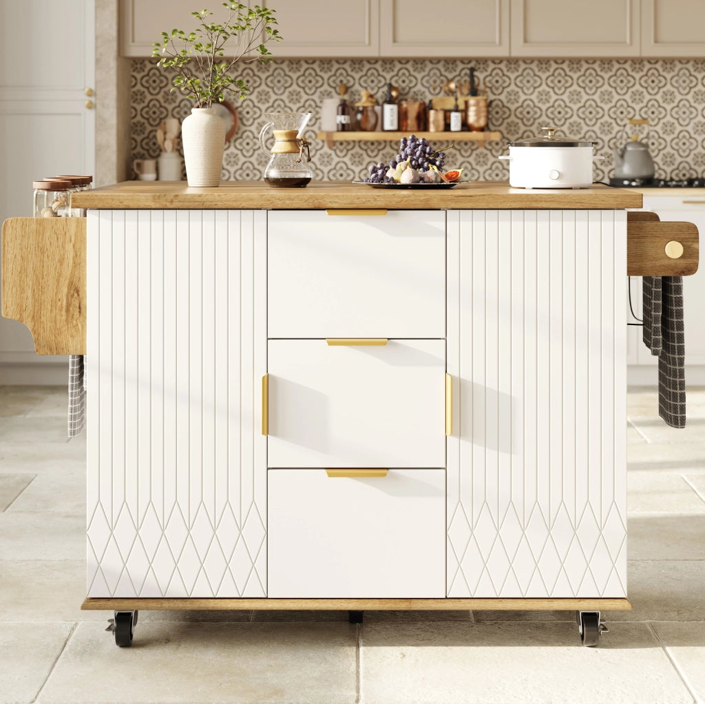 Carrello cucina mobile con piano pieghevole e prese, bianco