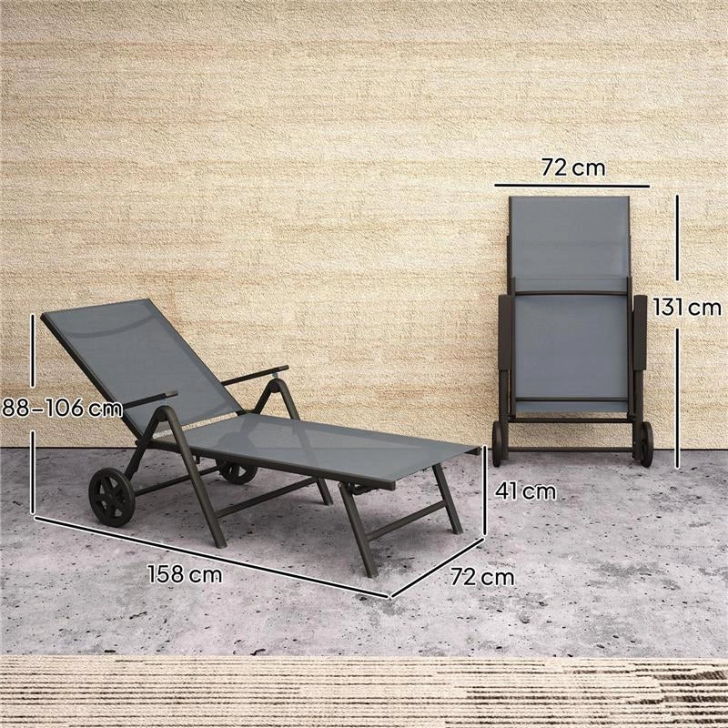 LETTINO SDRAIO PIEGHEVOLE E RECLINABILE IN 5 POSIZIONI CON ROTELLE, IN METALLO E TEXTILENE, 72X158X84 CM, GRIGIO