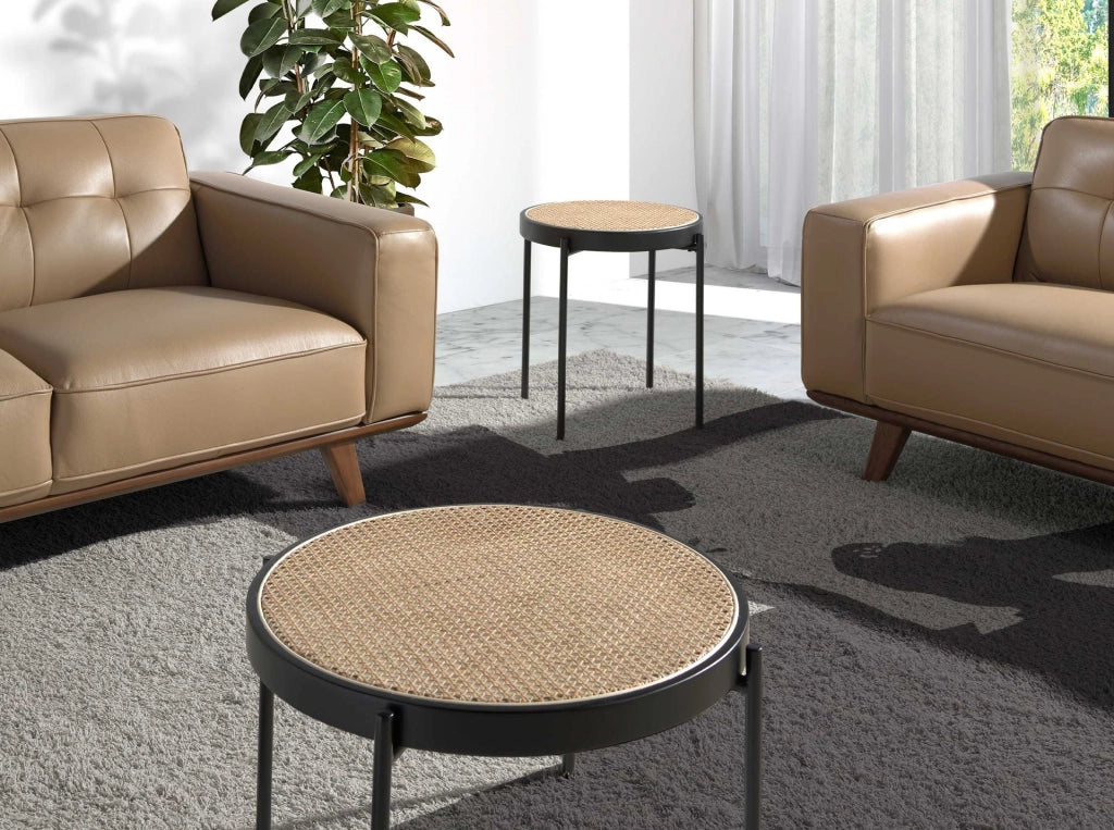 Tavolo angolare rotondo in rattan, legno nero e acciaio nero