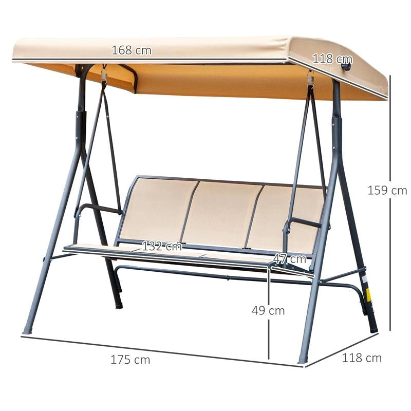 DONDOLO DA GIARDINO A 3 POSTI CON TETTUCCIO, SEDUTA TRASPIRANTE E TELAIO IN ACCIAIO, BEIGE