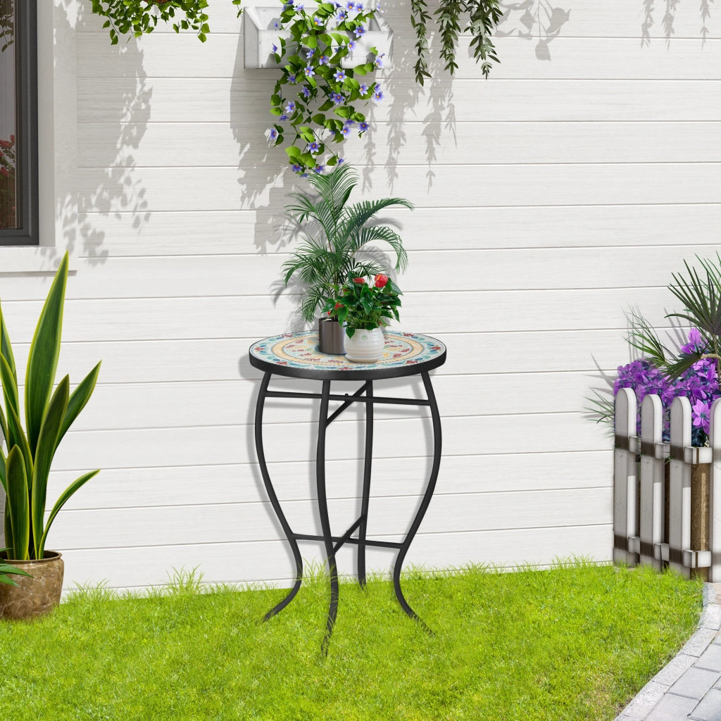 Tavolino da giardino rotondo con mosaico e gambe in metallo ¨C Zephmum ¨C 35,5x35,5x53,5 cm Turchese