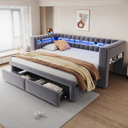 Divano letto imbottito estraibile 90x190/180x190 cm con 2 cassetti; vani contenitore; LED; velluto grigio
