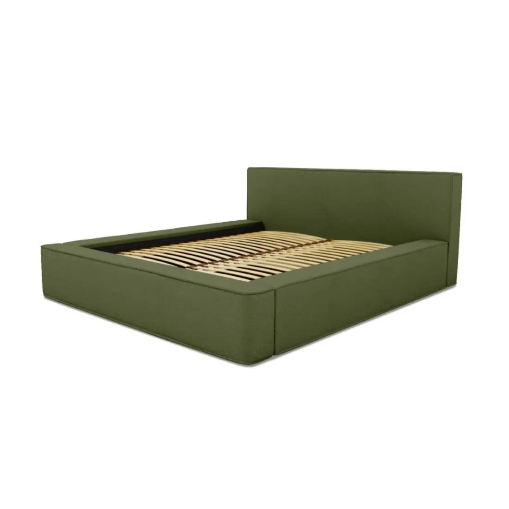 Letto contenitore VELORA – Olive bouclé – 160x200 cm – Tessuto velluto morbido – Rete sollevabile – Contenitore integrato