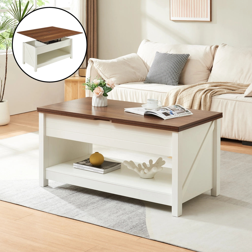 Tavolino Centrale da Salotto Kasama con Piano Sollevabile e Apribile 110 x 55 x 54 cm Effetto Noce / Bianco [en.casa]