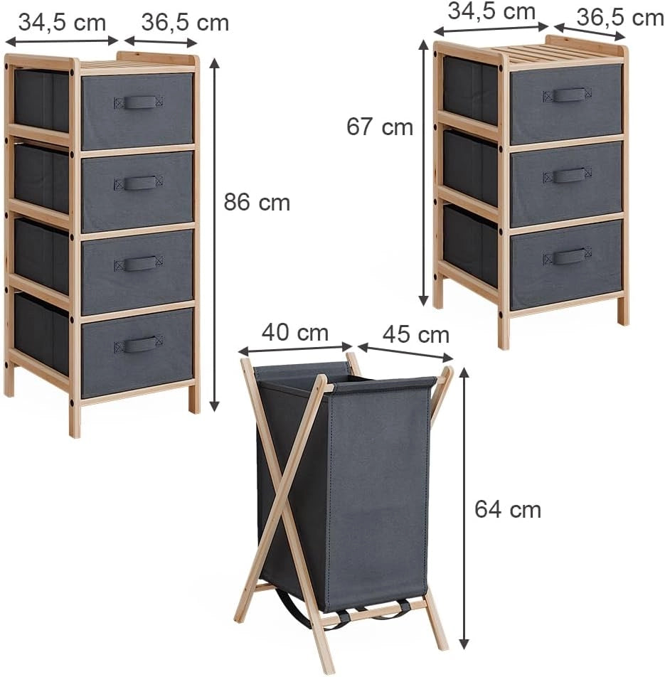 Set di mobili da bagno Bruno, Grigio, 3 parti, composto da 2 cassettiere e un cesto portabiancheria