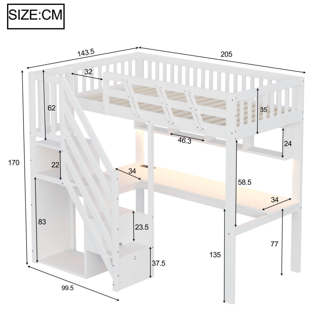 Letto a soppalco 90x200 cm con scrivania; scala contenitore e LED; bianco