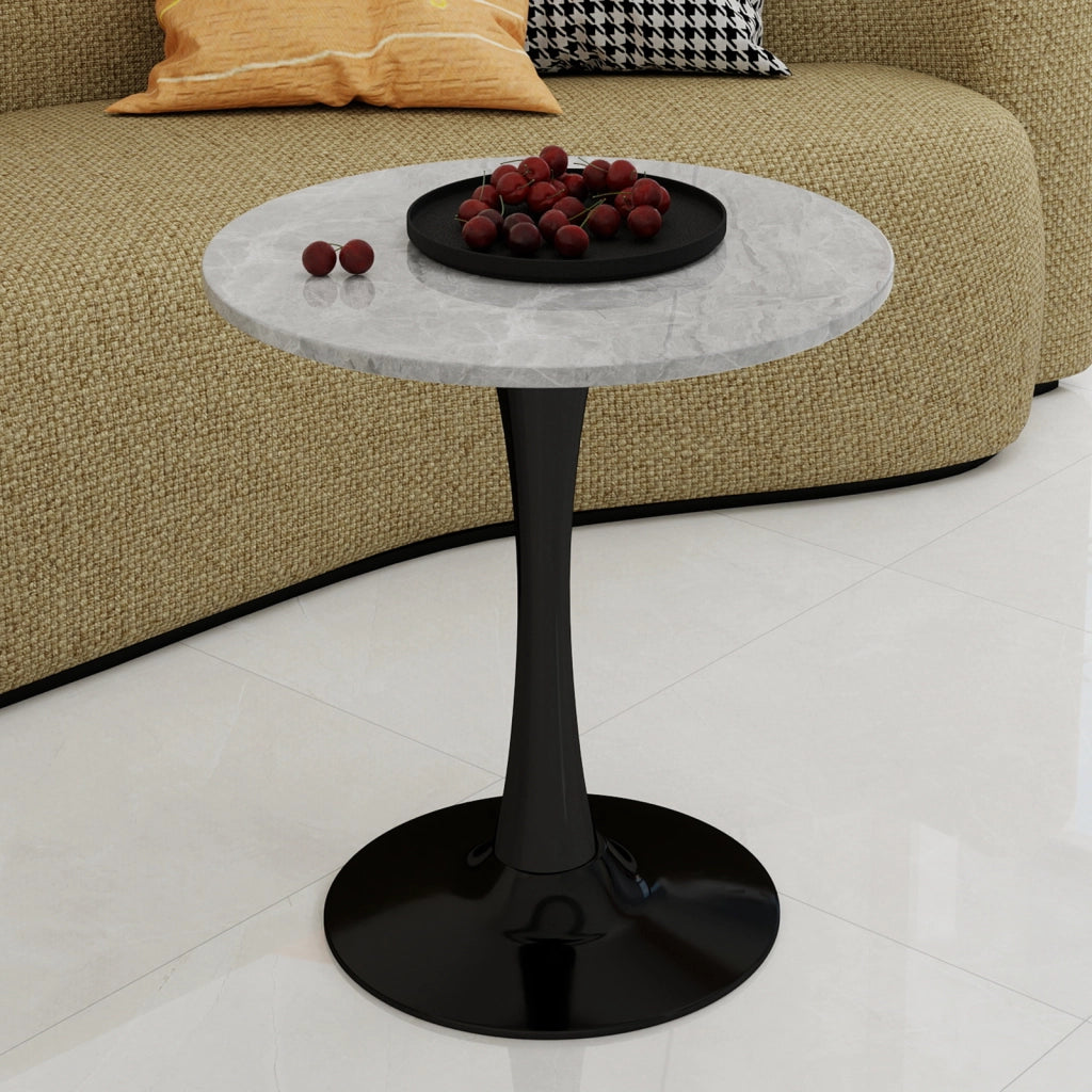 Tavolo da pranzo - rotondo 70 cm - stile mid-century - marmo grigio chiaro - per 2-4 persone - nero