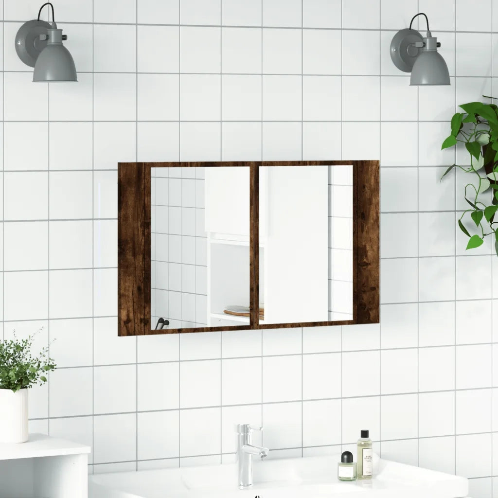 Armadietto a Specchio con LED Rovere Fumo 80x12x45cm Acrilicocod mxl 87447
