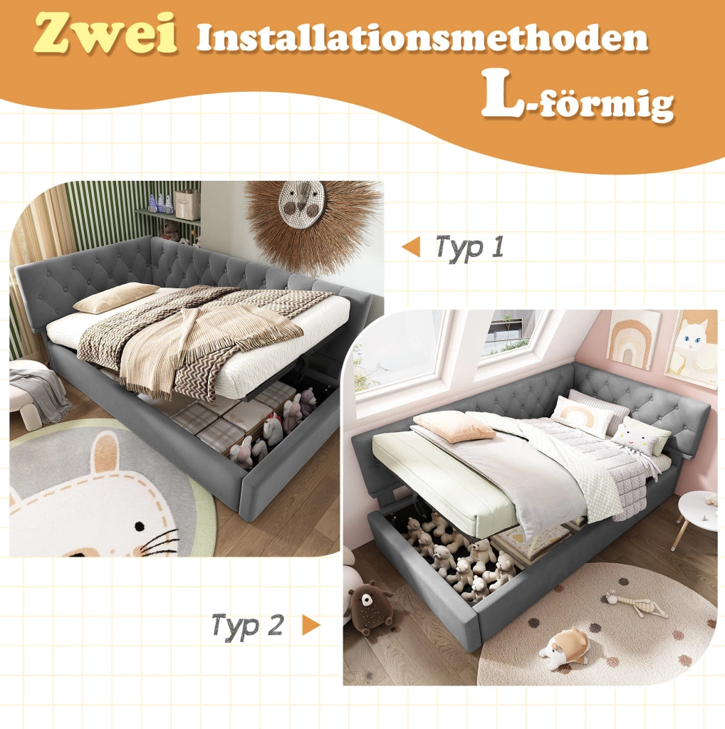 Letto imbottito a L in velluto grigio 90x190 cm con contenitore idraulico