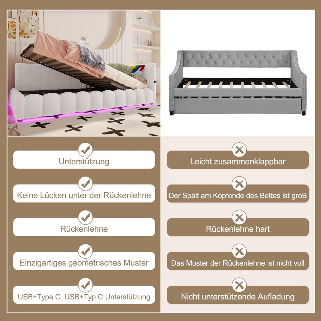 LETTO 90x200 cm con rete, LED, sollevamento idraulico, USB e Type-C, Bianco