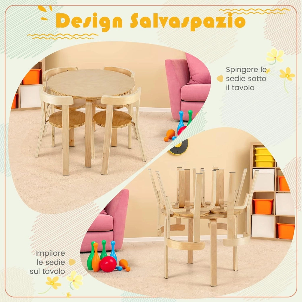 Set Tavolo e Sedie per Bambini, con Schienale Curvo in Legno, Tavolo Attività per Bambini con 4 Sedie, Capacità di Peso 25kg, 4+ Anni (naturale)