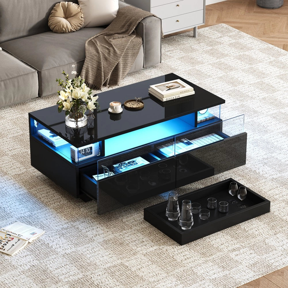 Tavolino da Caff¨¨ con LED e Cassetti ¨C MINIMAL ¨C Vetro Temperato, Nero, 90x45x35.5 cm