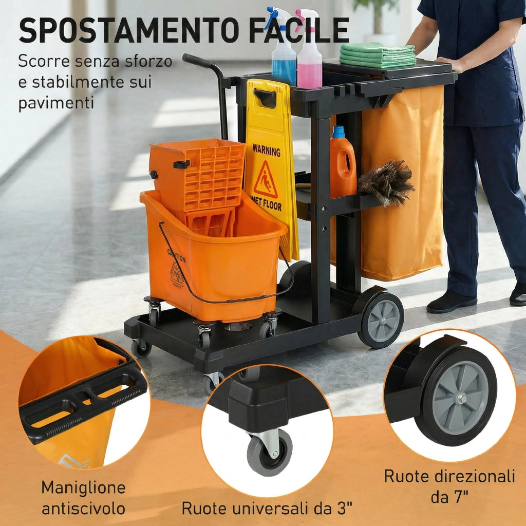 Carrello Pulizie: Ruote. 3 Ripiani. Sacco 70L. Secchio con Strizzatore.