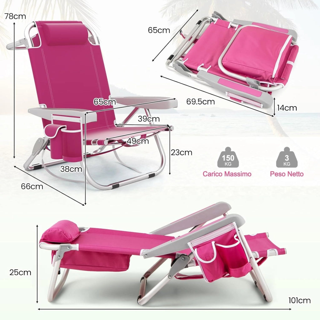 Sedia da Spiaggia, Sdraio Pieghevole a 5 Posizioni con Portabicchieri, Poltrona da Spiaggia con Cuscino per Testa e Zaino, Sedia da Campeggio Portatile, Portata 150 kg (Rosa,1)