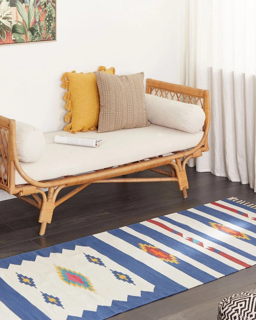 Tappeto Kilim multicolore in cotone 80 x 300 cm tessuto a mano a trama piatta reversibile con motivi geometrici e frange, tradizionale Boho, per il soggiorno e la camera da letto.