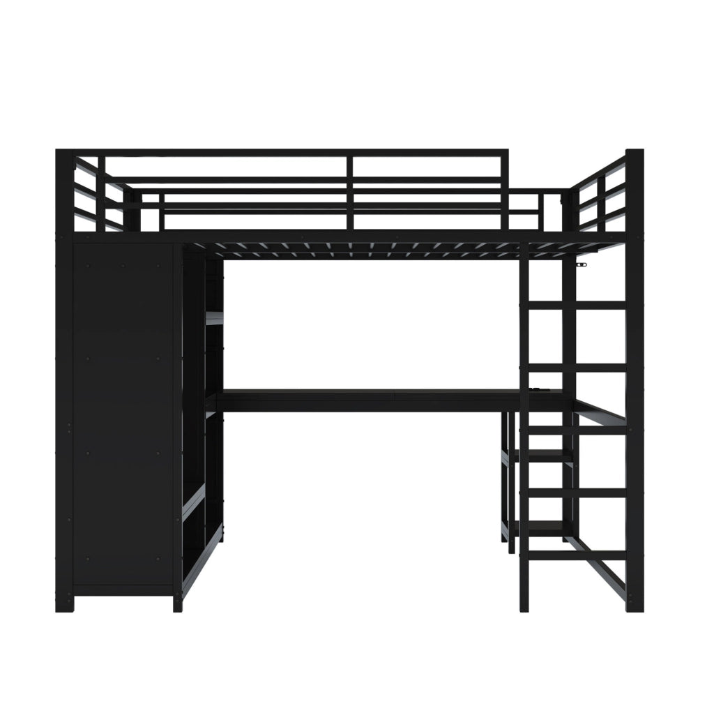 Letto a soppalco 160x200 cm con LED; scrivania e guardaroba aperto in metallo nero