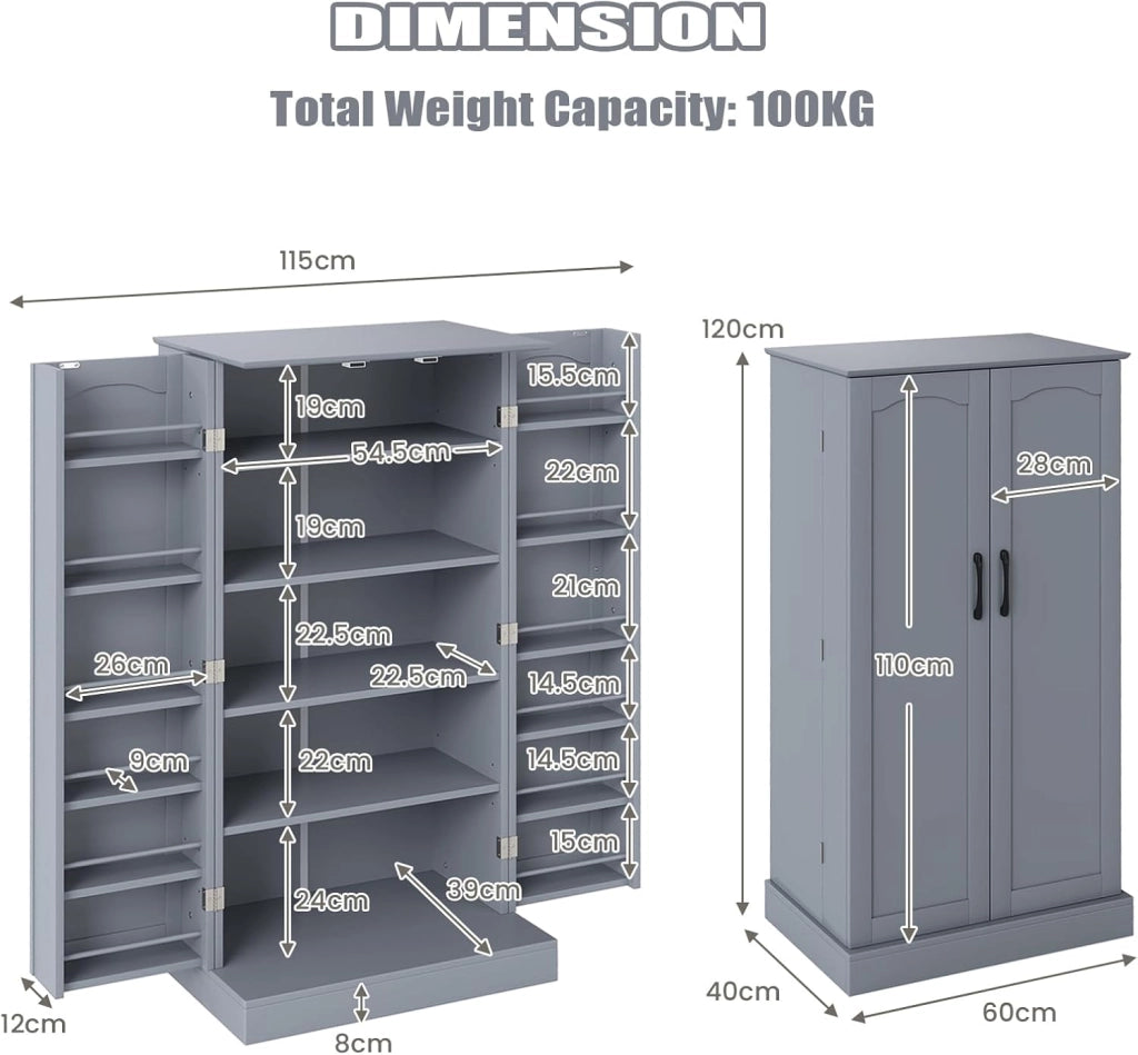 Mobiletto Multiuso con Ripiani Regolabile, Credenza Cucina Salvaspazio, Armadio a Buffet con Dispositivo Antiribaltamento, Madia Soggiorno Moderna per Sala da Pranzo, 60x40x120cm (Grigio)