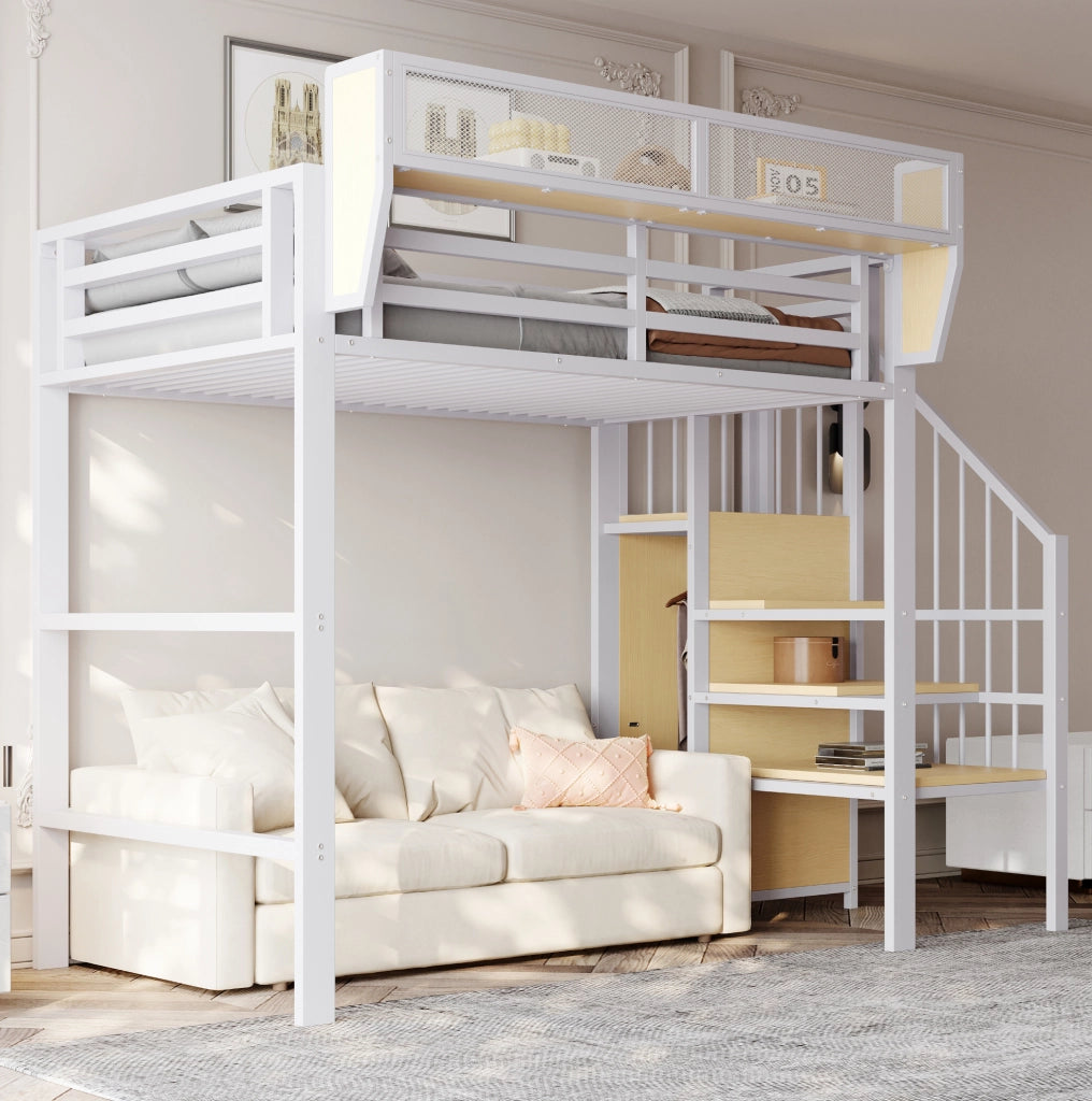 Letto a soppalco 90x200 cm in metallo e MDF con scala di sicurezza; bianco