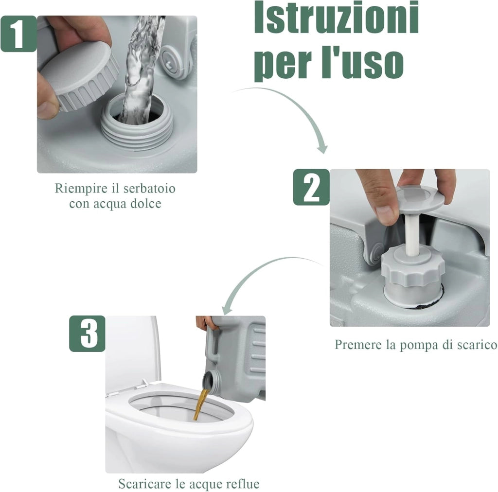 WC Portatile 20L, Bagno Chimico con 2 Serbatoi Rimovibili, Coperchio Anti-Odore, Maniglia, Carico Massimo 150 KG, Toilette Portatile per Campeggio, Viaggi, Auto, 36 X 42 X 43 CM (Grigio)