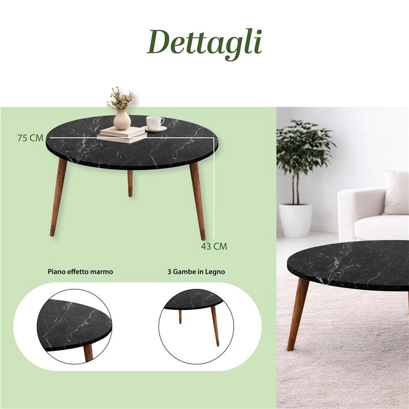 TABLE TAVOLINO TONDO DA CAFFÈ CON PIANO AD EFFETTO MARMO NERO DA D.75X43H  CM