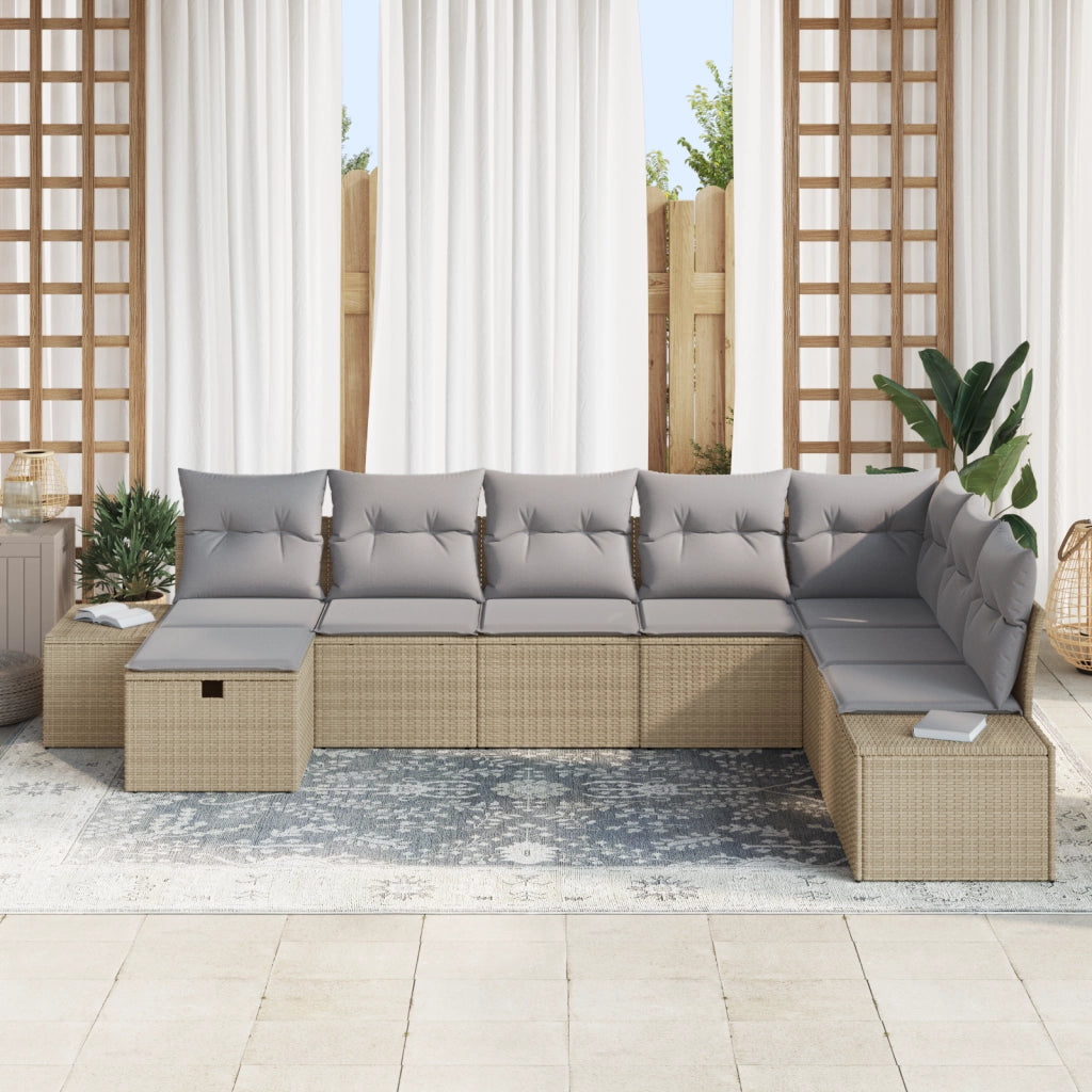 Set Divano da Giardino 8 Pezzi con Cuscini Beige Rattan Sintetico
